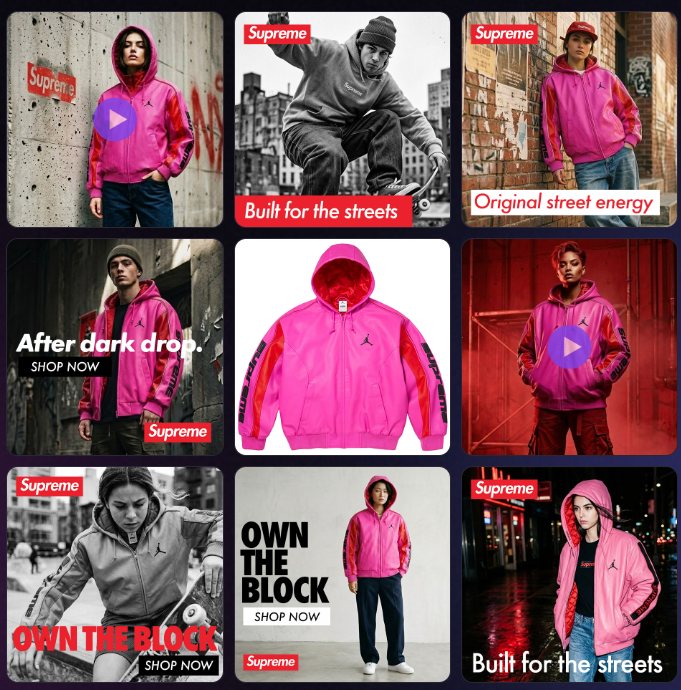 Grid of nine AI-generated ad creatives for a streetwear campaign - photo, video and product formats
